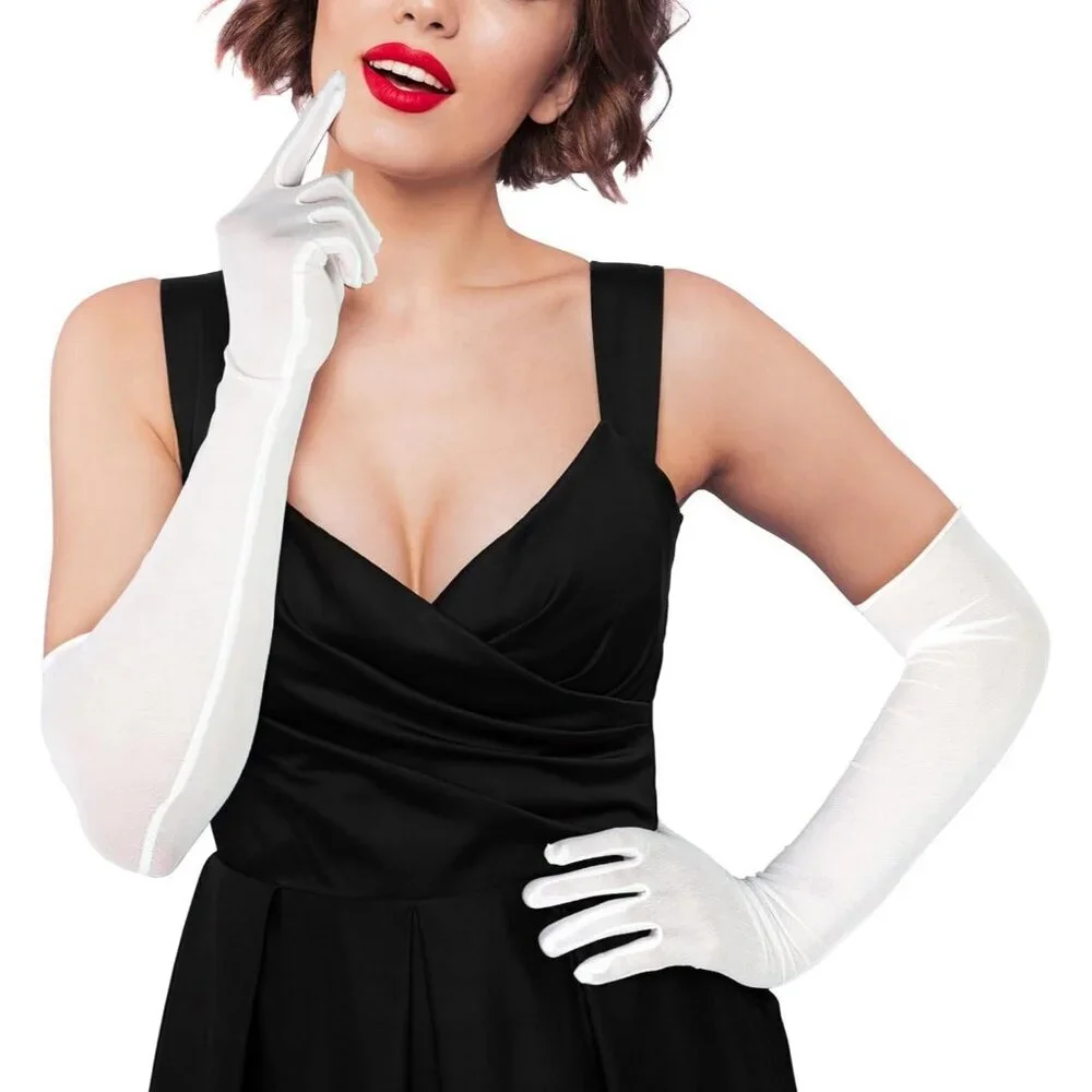 Women's Tulle White Long Sheer Silk Gloves Elbow Length Sun Protection Party